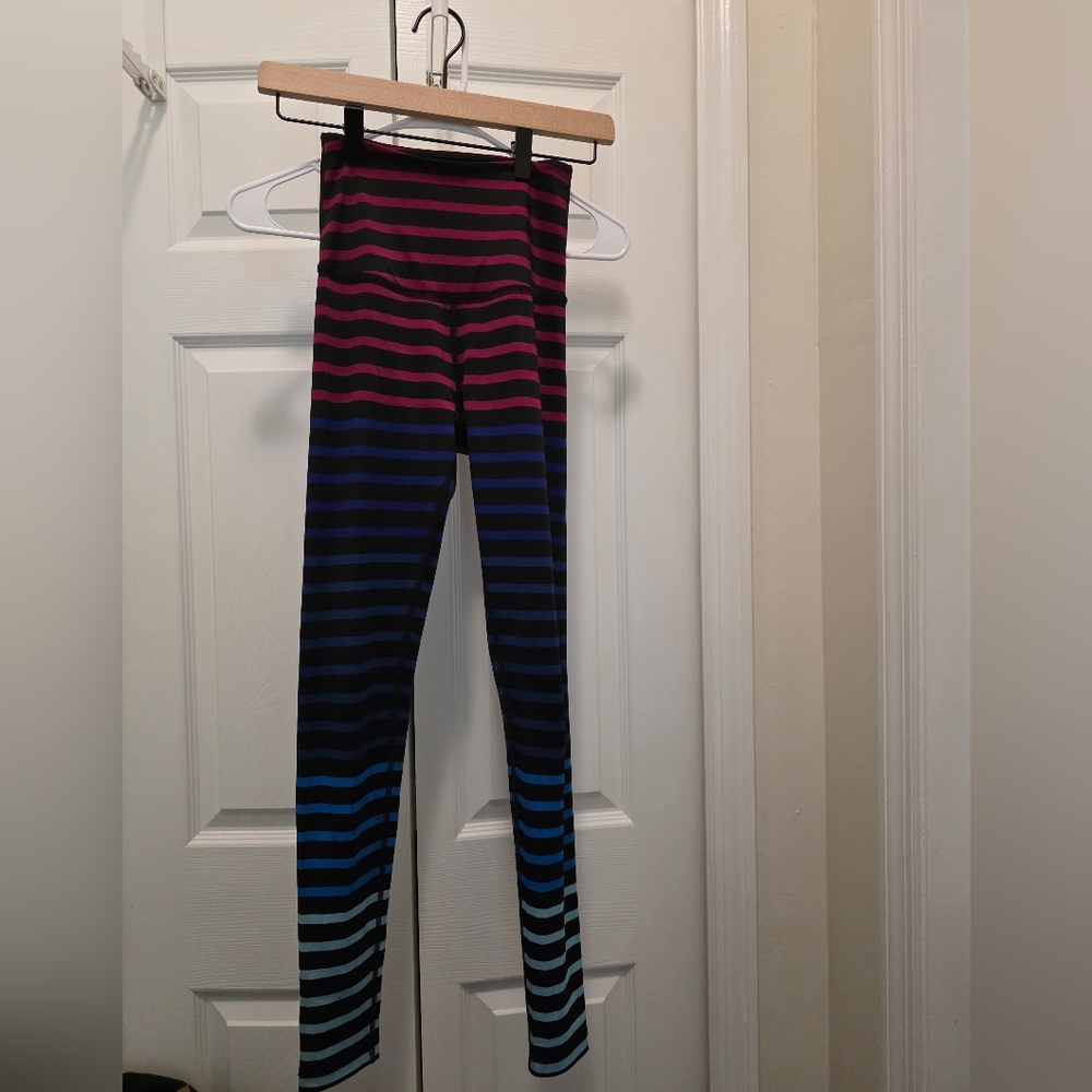 Beyond Yoga Striped Leggings in Pink, Purple, and Blue